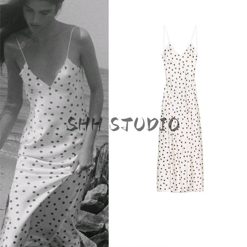 Summer Women's Clothing Open Back Design Patchwork Lining V-Collar Polka Dot Silk Satin Texture Midi Skirt Dress 3067214