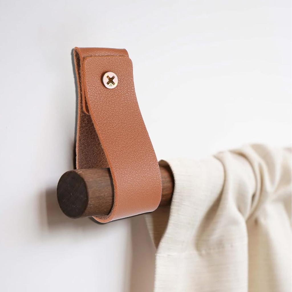 6PCS PU Leather Curtain Rod Holder, Leather Strap Wall Hanging Boho Leathers Wall Hooks Leathers Straps for Hanging Towels Curtains Storage Kitchen