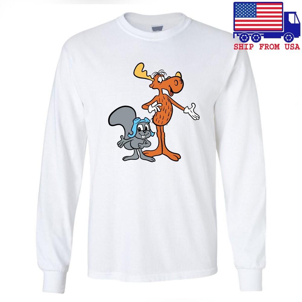 

Rocky and Bullwinkle Retro Cartoon Men#039;s Gray White Size S to 3XL Unisex T-Shirt L