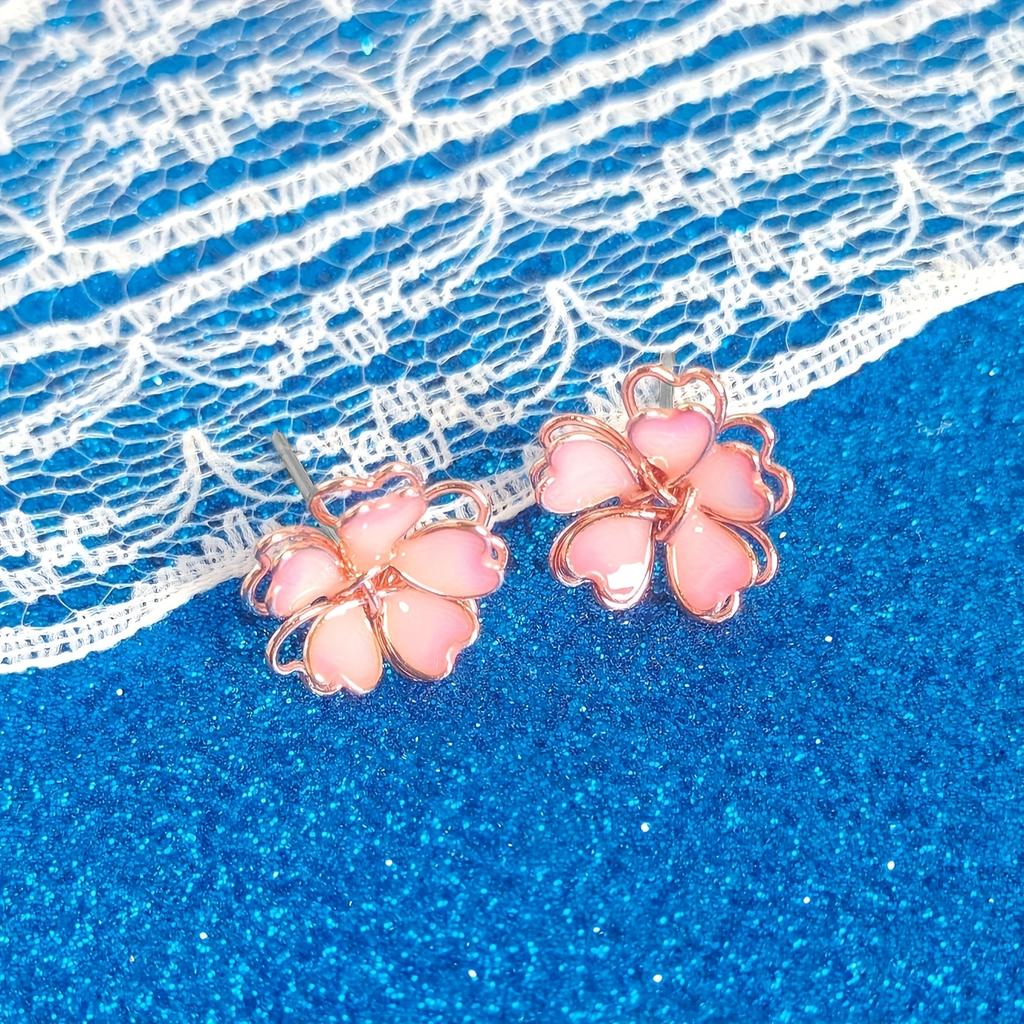 Pair of Women's 3D Cherry Blossom Stud Earrings - Elegant & Cute Rose Golden Floral Design with Pink Petals, Lightweight Comfort for Daily Wear