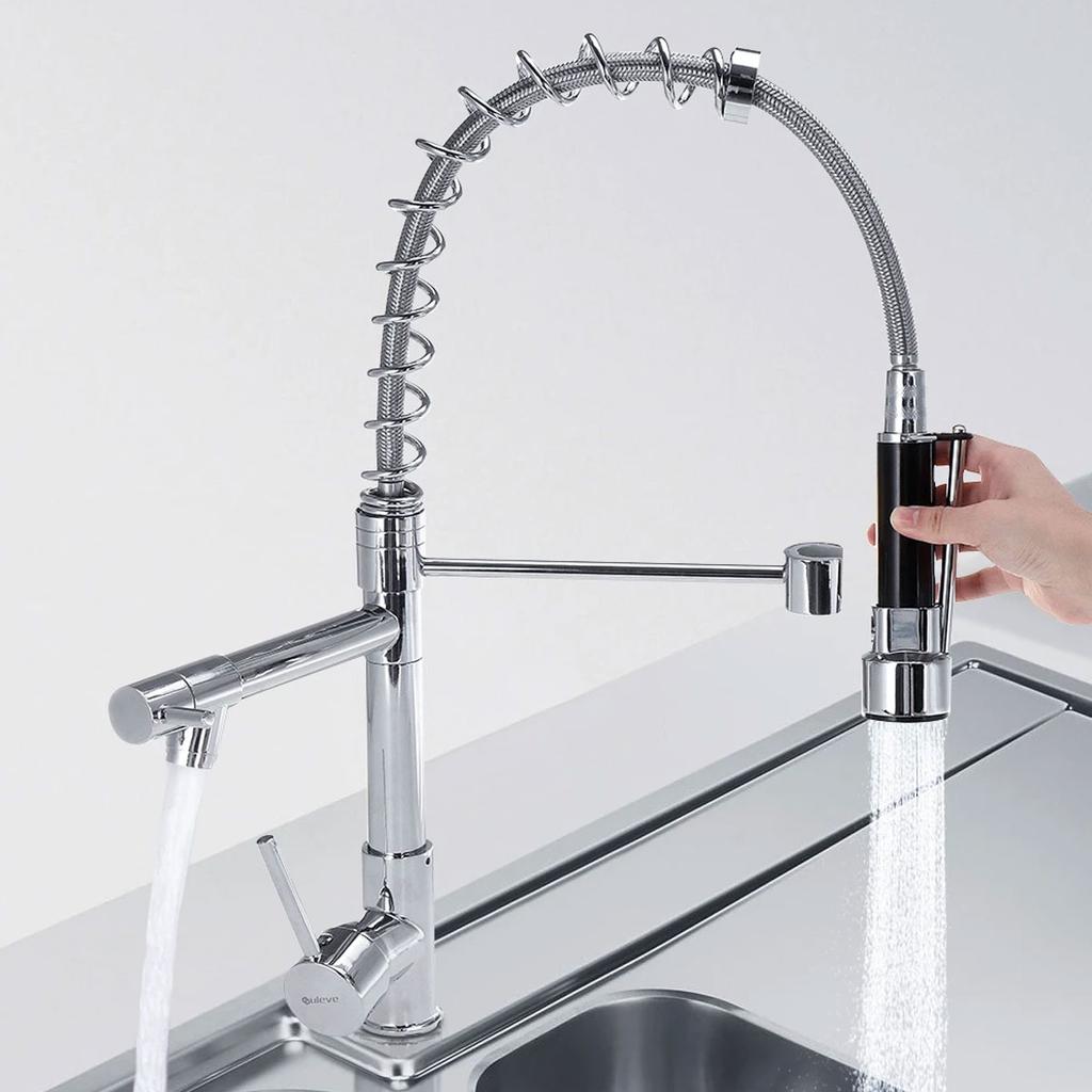 Pull Out Kitchen Tap Chrome Finished Spring Faucet Swivel Spout Vessel Sink
