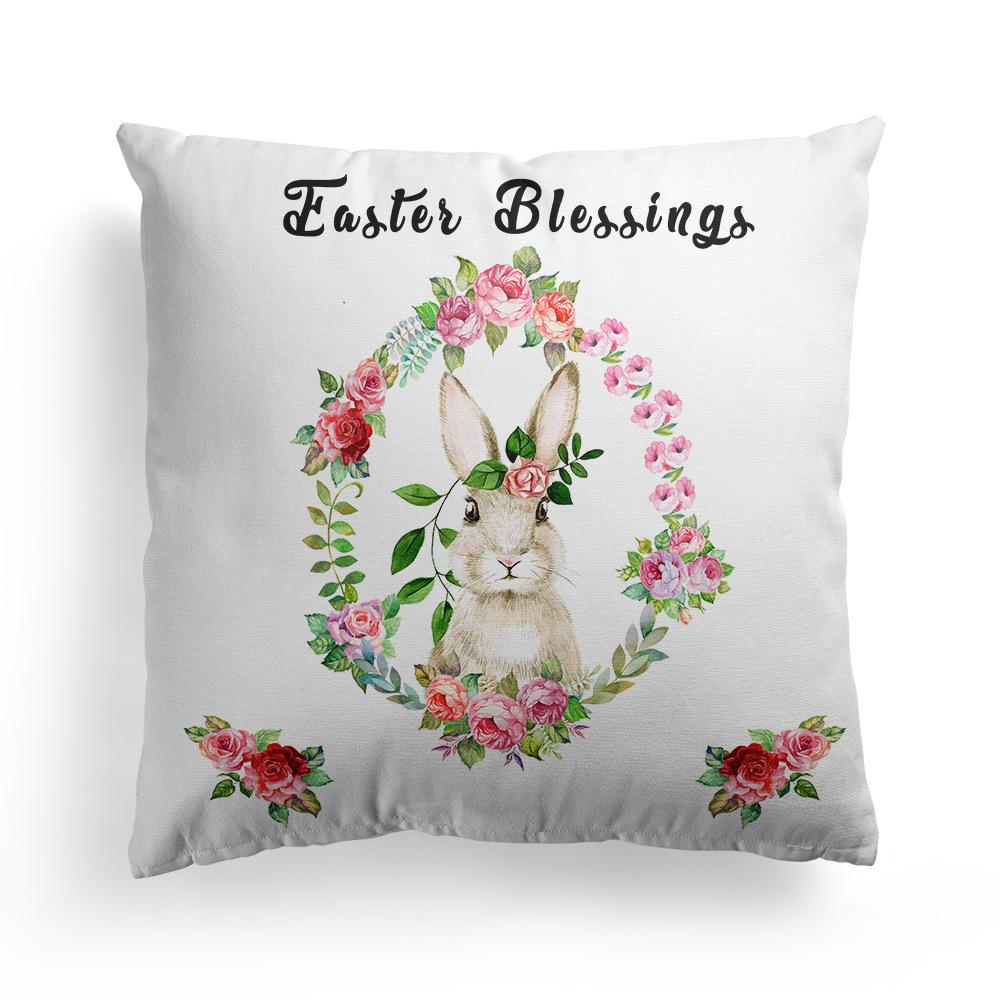 New Spring Easter Pillow Case Bunny Flowers Wreath Peach Skin Fleece Print Pillow Clothes Cover
