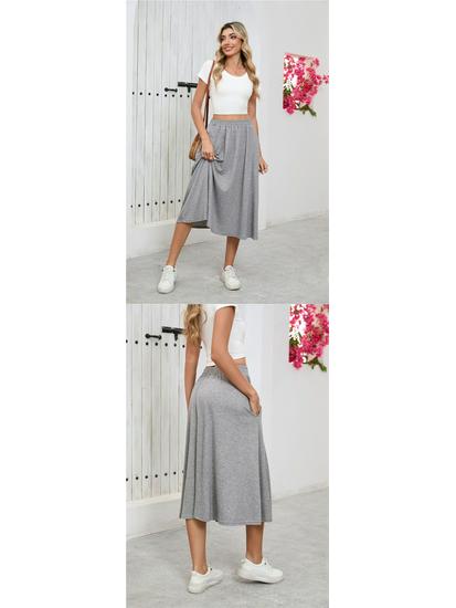 European High-Waisted Casual Midi Skirt - A-Line, Loose Fit, Draped Hem