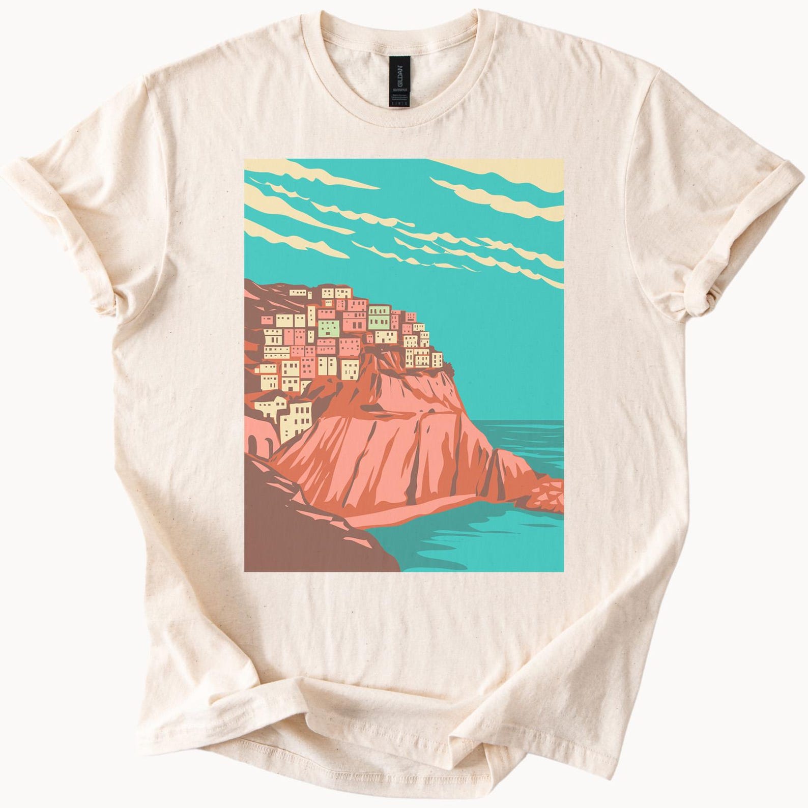Colorful Cliffside Coastal Town Graphic Shirt Ocean View Tee Art 130