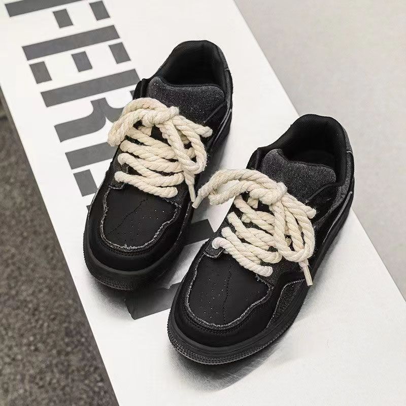 Baskets Chunky Homme en Jean Noir Lacets Corde Épaisse Chaussures Décontractées avec Accents en Jean Effiloché