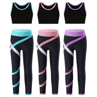 Dziecięcy, dziewczęcy krótki top bez rękawów z wycięciem na plecach i legginsami z blokami kolorów Jazz Dance Skating Treningowe stroje sportowe