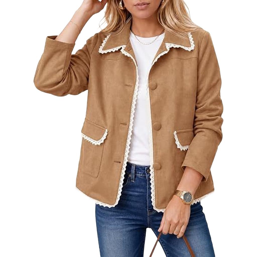 Women's Casual Long Sleeve Button Lapel Jacket with Pockets