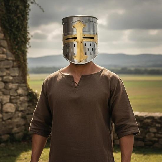 Templar Crusader Helmet, Handmade Knight Helmet with Golden Cross, Medieval Steel Great Helm for Cosplay,