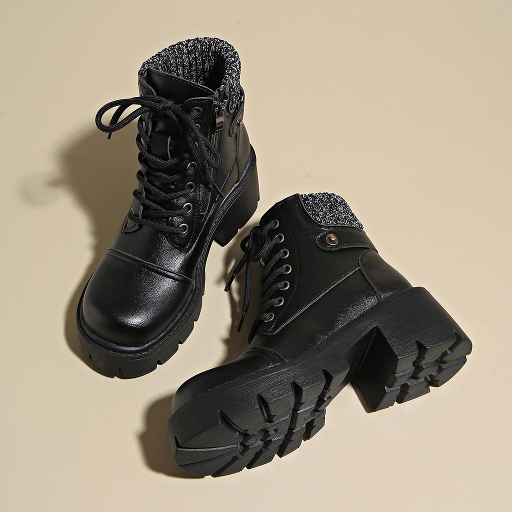 40-43 Large Size Shoes Platform Thick Heel Short Boots Autumn and Winter New Women's Boots Retro Lace-up Belt Buckle Boots Foreign Trade Shoes