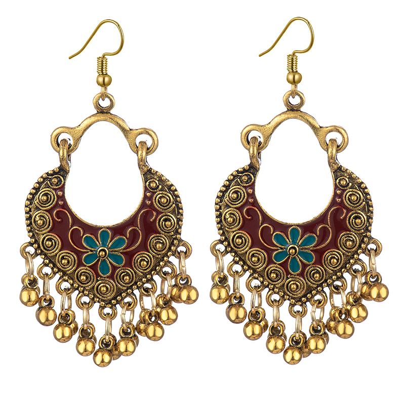 Boho Ethnic Vintage Drop Tassel Dangle Earrings For Women Carved Flower Enamel Geometric Antique Gold Color Female Zircon Gift