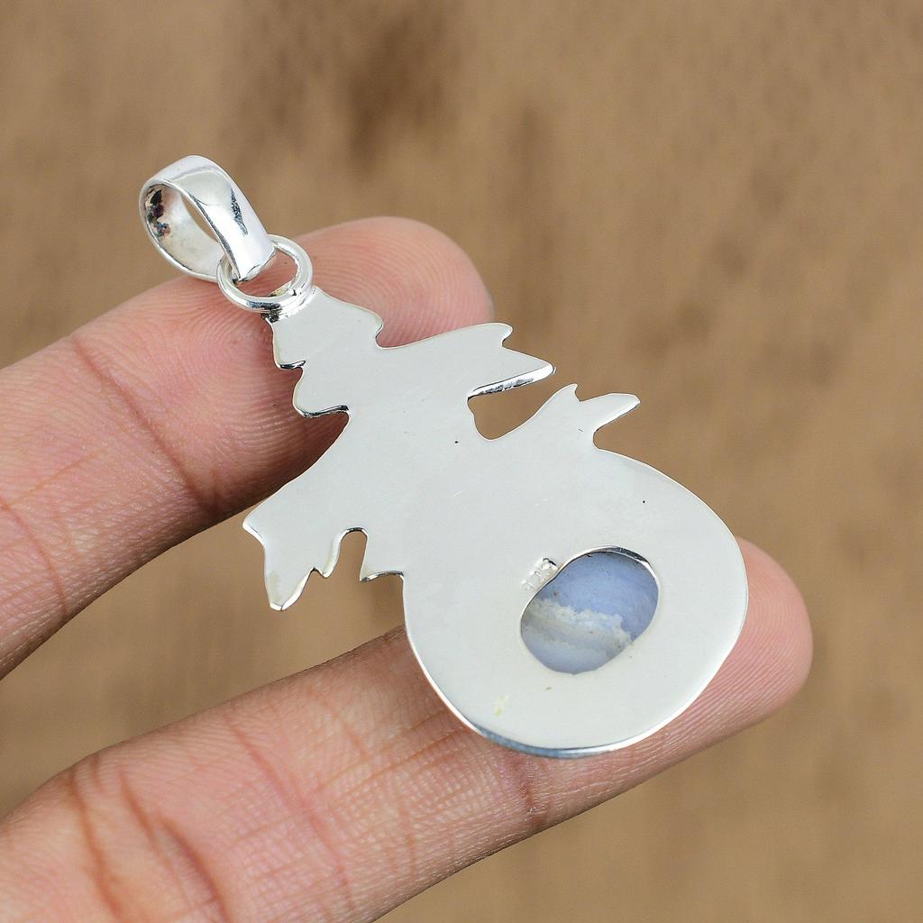 Natural Blue Lace Agate Gemstone Jewelry 925 Sterling Silver Pendant For Women