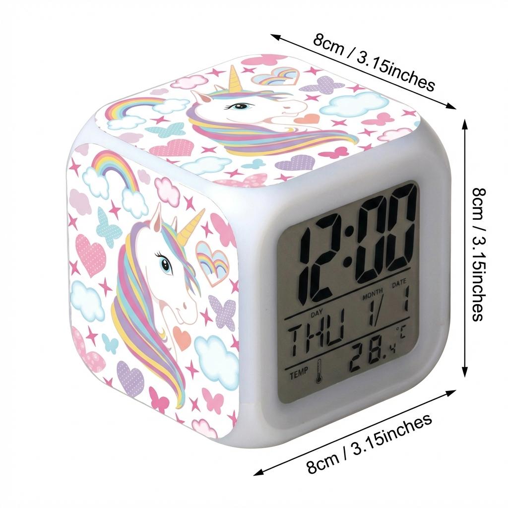 Kids Alarm Clock 7 In 1 LED Night Light with Wake Up Function Display Time Date Temperature USB Powered Color Changing Lamp