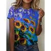 Summer Round Neck 3D Flower Print Top Fashionable Casual Short Sleeved Women's T-shirts