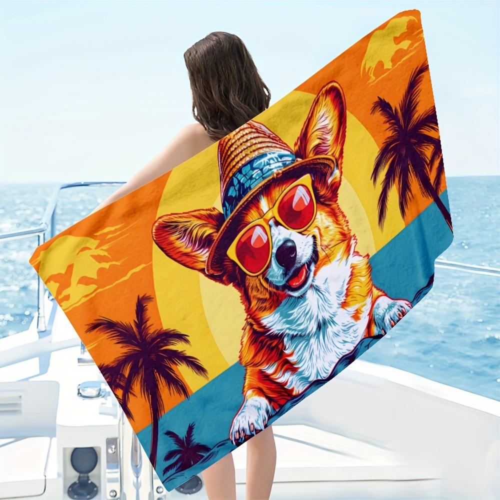 Corgi Beach Towel - Summer Vacation Dog Print, Tropical Sunset & Palm Tree Design, Soft Microfiber, Multiple Sizes