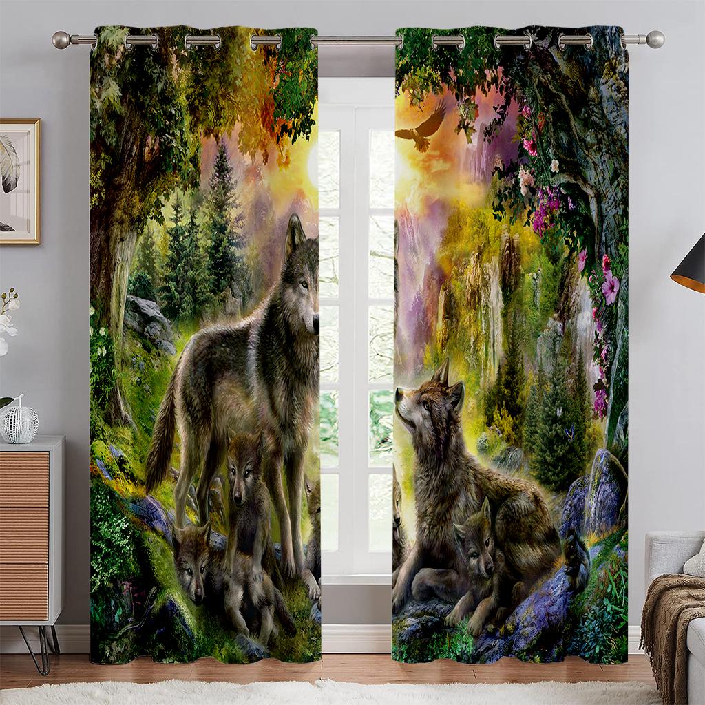 Starry Sky Water Fire Wolf Symmetrical 3d Printing Curtain Bedroom Living Room Study Kitchen Curtain Home Decoration 2PCS