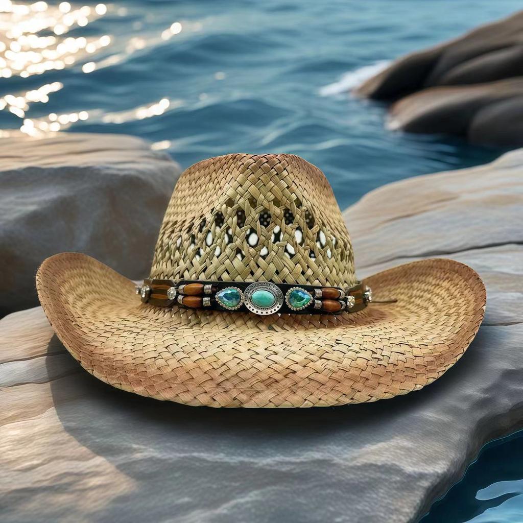 Rhinestone Cowboy Hat Straw Sun Hat for Women Men Beach Vintage Western Cowgirl Party Summer Festival Country Music Headwear