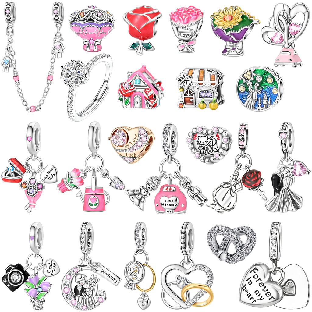 Original Copper Romantic Wedding Charms Bouquet Ring Rose Heart Beads Pendants Fit Bracelets Diy Fine Jewelry Gifts