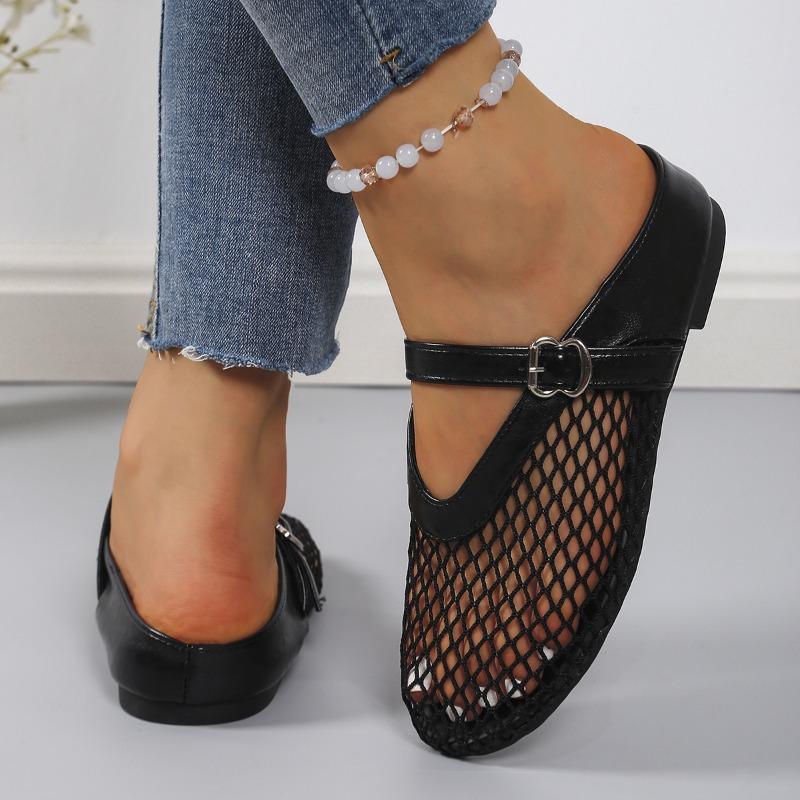 Fashion Shallow Mouth Hollowed-out Flat Shoes with One Belt Summer and Autumn New Round-toe Mesh Breathable Mesh Soft-sole Slippers