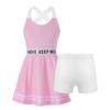 2-teiliges Sportkleid für Kinder, Mädchen, Träger, hinten überkreuzt, ärmellos, Buchstaben-Print, A-Linie, Kleid mit Shorts, Set für Fitnessstudio, Tennis