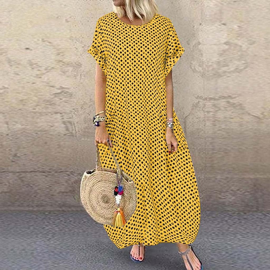 Women's Summer Long Dress Crew Neck Short Sleeve Maxi Dress Casual Dot Printing Bohemian Dresses