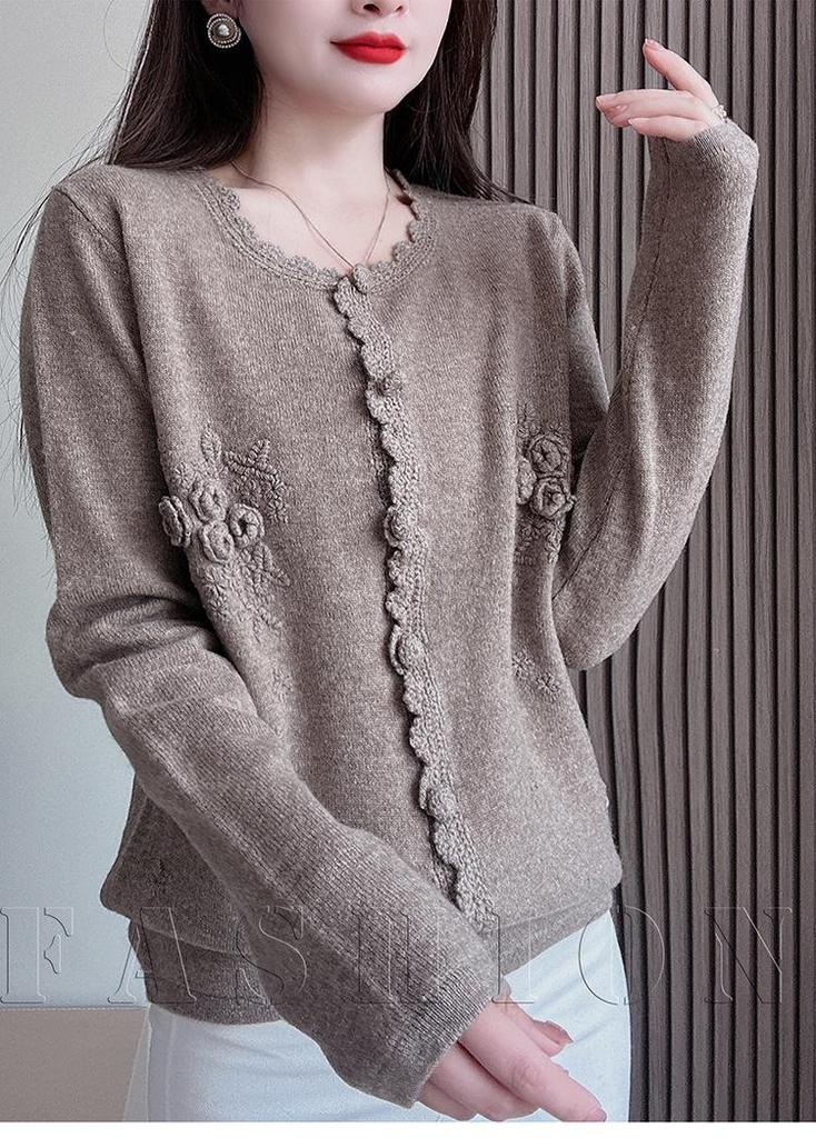 Early Autumn Women's Round Neck Knit Cardigan - Solid Color, Lightweight, Loose Wool Sweater