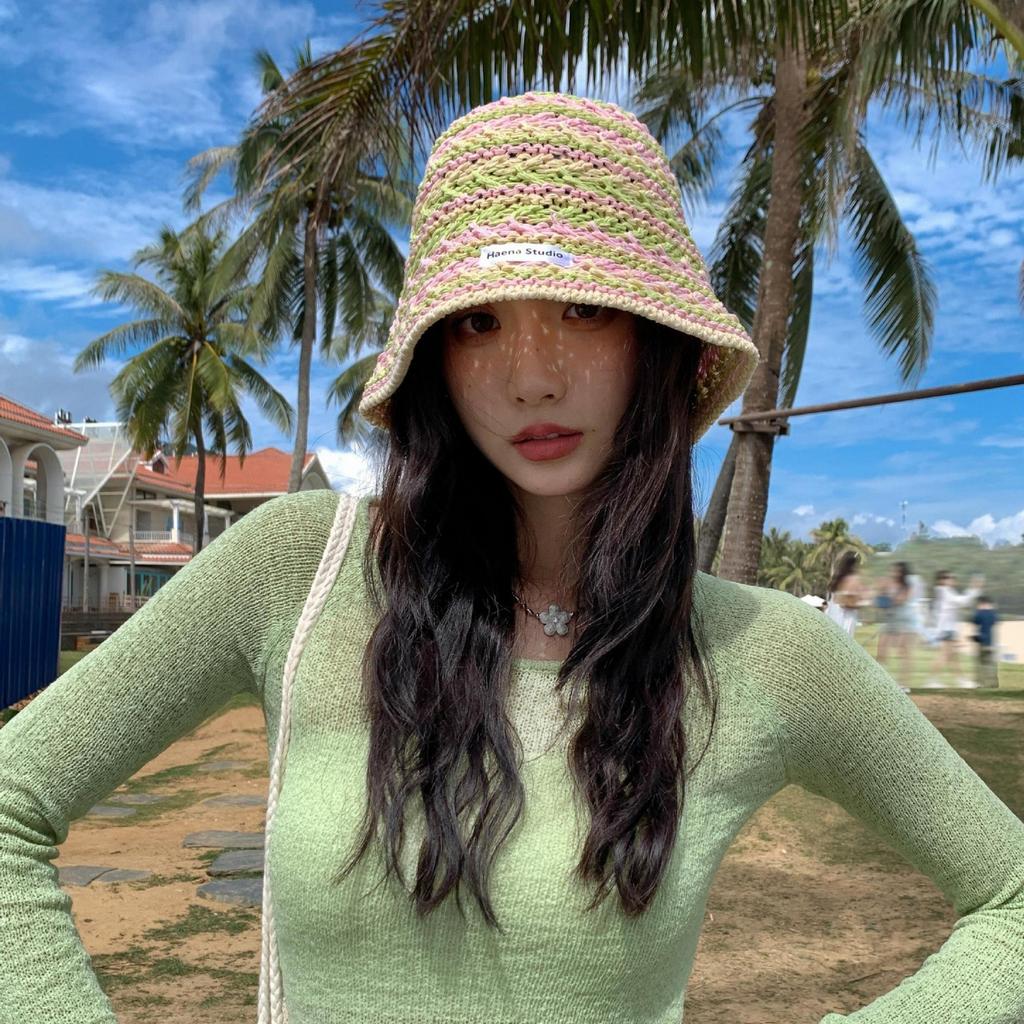 Ladies' BucketHat Korean Knitted Striped Verstaile Hollow Breathable Bucket Hat Beach Vacation Sunscreen Sunshade Hats For Girl