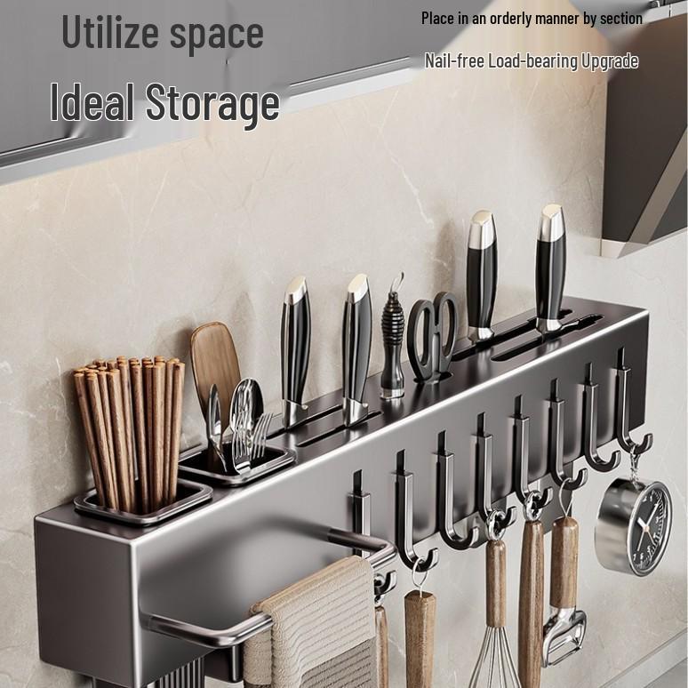 Modern No-Drill Wall-Mounted Kitchen Knife and Utensil Storage Rack