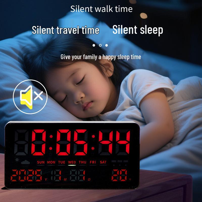 Wall-Mounted Electronic Clock with Large Numbers, Perpetual Calendar, Temperature Display, and Alarm for Bedroom or Dormitory.
