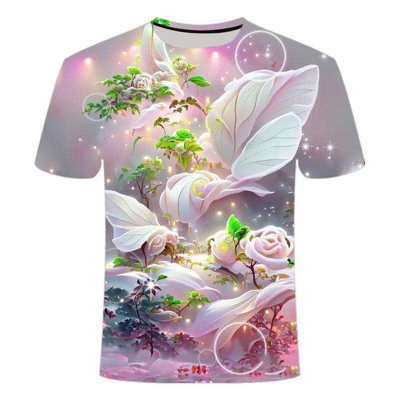 

Лето 2024 года, новый цветочный пейзаж с 3D-цифровой печатью, короткий рукав, облегающий крой, крутые мужские и женские футболки 6XL