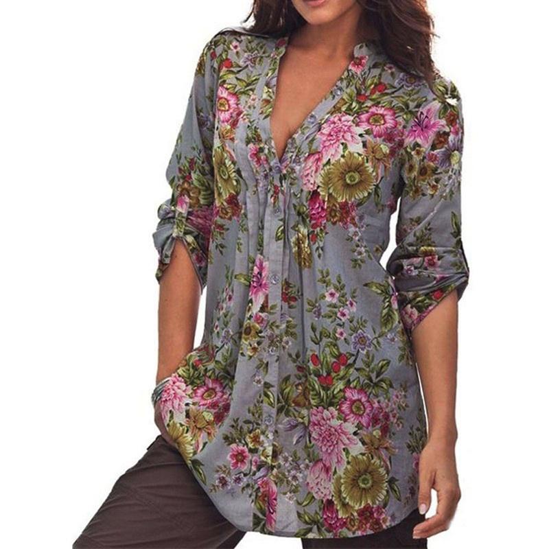 Women Tops Shirt Vintage Floral Print V Neck Tunic Tops Blouse Clothing Gift