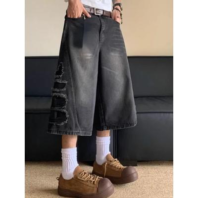 2024 Woman American Washed Denim Shorts Men Loose Cut Wide Leg Straight Leg Cropped Pants High Street Male New Fashion Chic