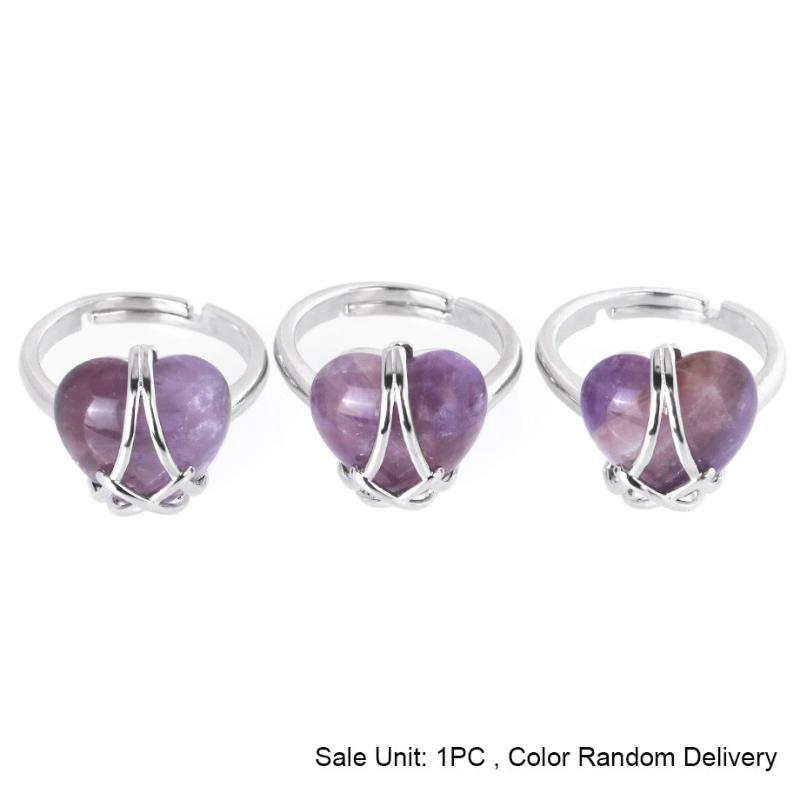 Women Adjustable Wire Wrapped Crystal Open Ring Heart Shaped Natural Stone Jewelry For Anniversary