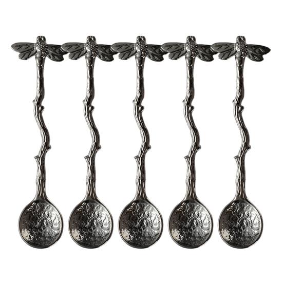 5Pcs Coffee Spoon Vintage Hammered Spoon with Dragonfly Handle Ice Cream And Dessert Spoon for Coffee Honey Jam Artistic Home Tableware