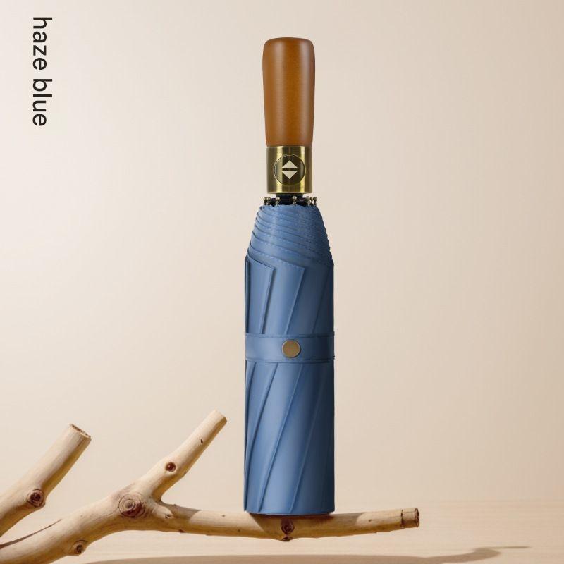 Larger And Reinforced Light Luxury Solid Wood Folding Fully Automatic Umbrella High-end Short Handle Business Gift Umbrella синий