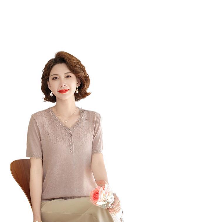 Mom's Summer Ice Silk V-Neck Short-Sleeve T-Shirt for Middle-Aged & Elderly Women - Loose Plus Size Top Set