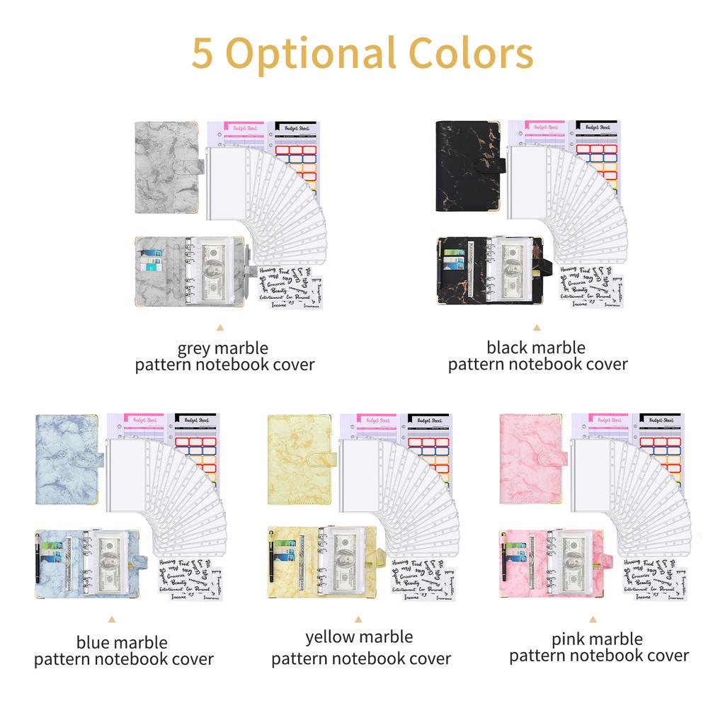 A6 Budget Binder with Marble Texture Pattern PU Leather Notebook Cover Zipper Envelopes Lable Stickers Ruler Used as Money Organizer System Bill Mone