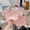 Girls Summer Cotton Polo Neck Short Sleeve Shorts Set Cute Small V Collar Knitted Jacquard Two Piece Outfit For Kids