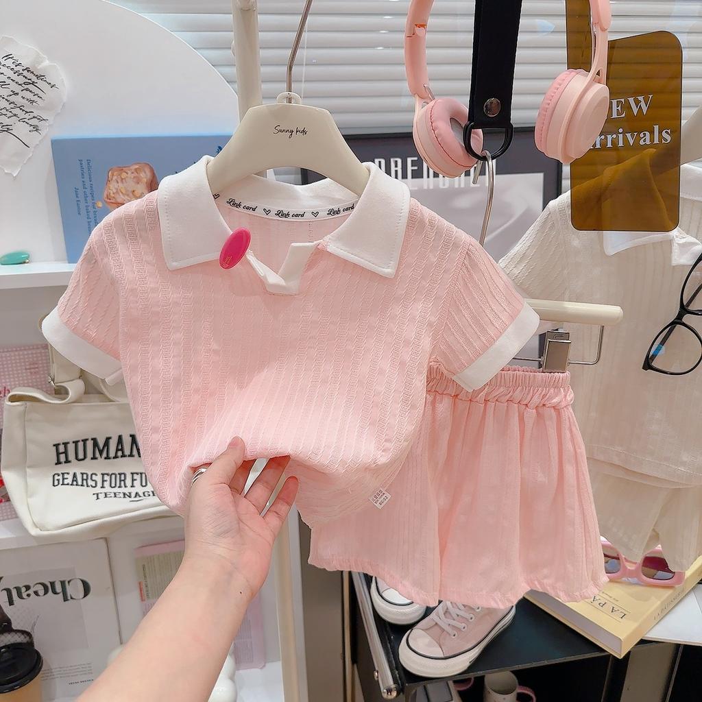 Girls Summer Cotton Polo Neck Short Sleeve Shorts Set Cute Small V Collar Knitted Jacquard Two Piece Outfit For Kids