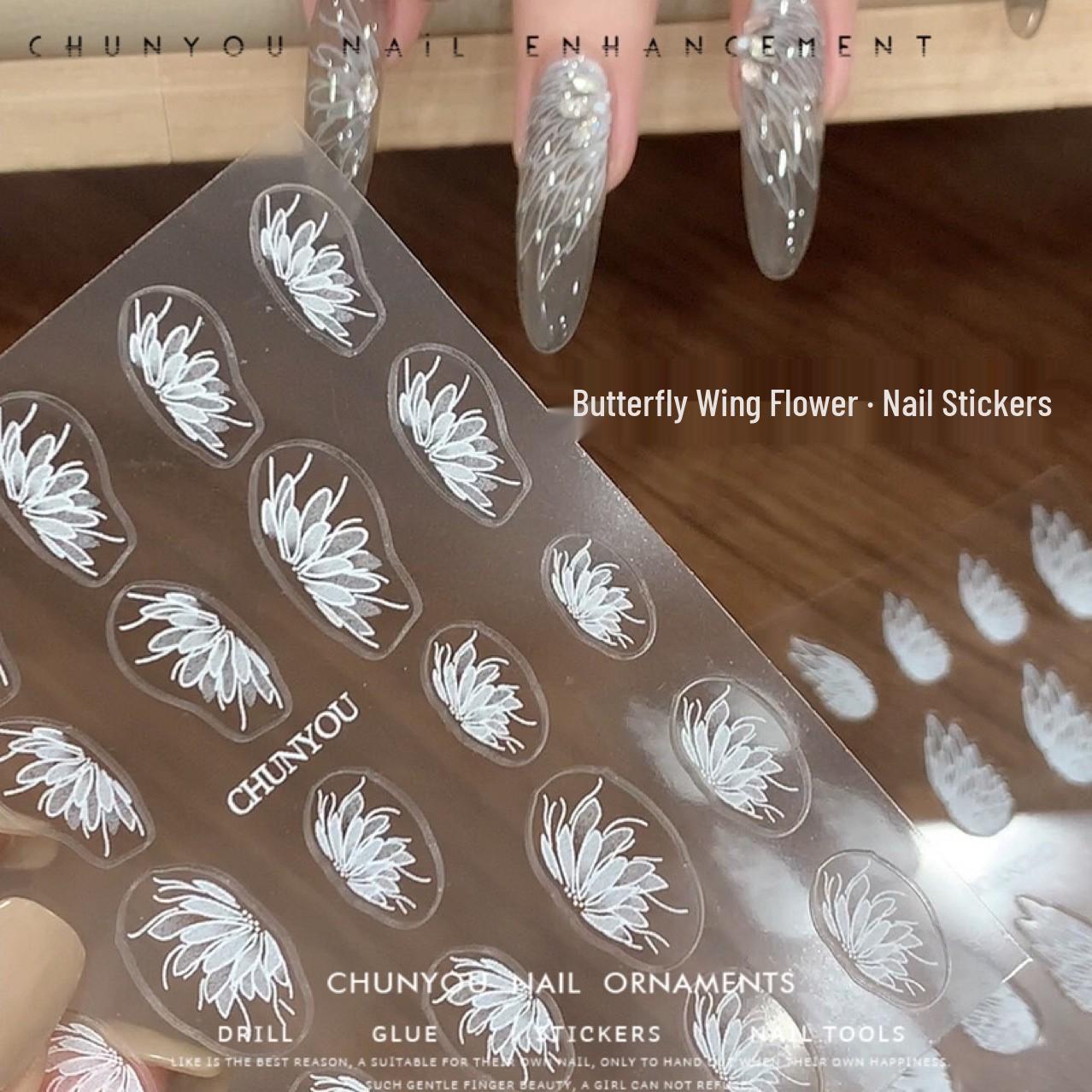 

2024 3D наклейки для ногтей «Ангел и крылья бабочки» с цветочными дизайнами