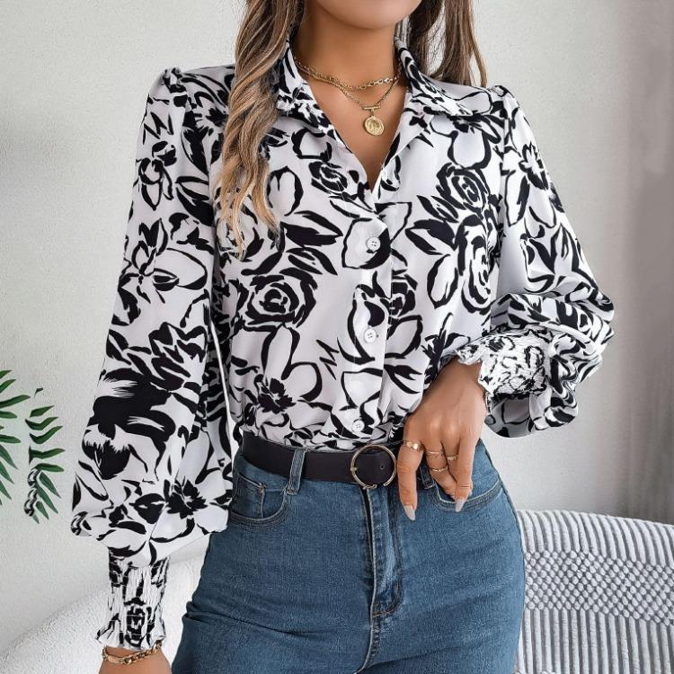 Elegante Bluse mit V-Ausschnitt und langen Ärmeln für Damen, Hemd mit Blumendruck für die Frühling- und Herbstsaison