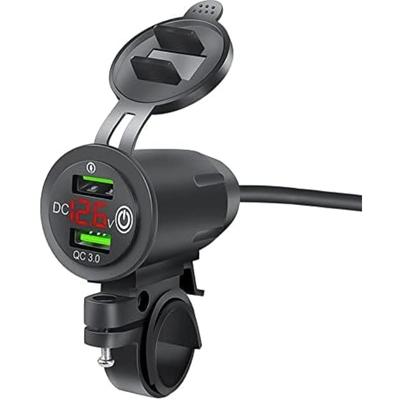 שקע USB לאופנוע, מטען לרכב 12V/24V עם שקע USB כפול QC3.0, שקע מטען לרכב עם מד מתח LED מתאם לאופנוע קרוואן רכב משאית