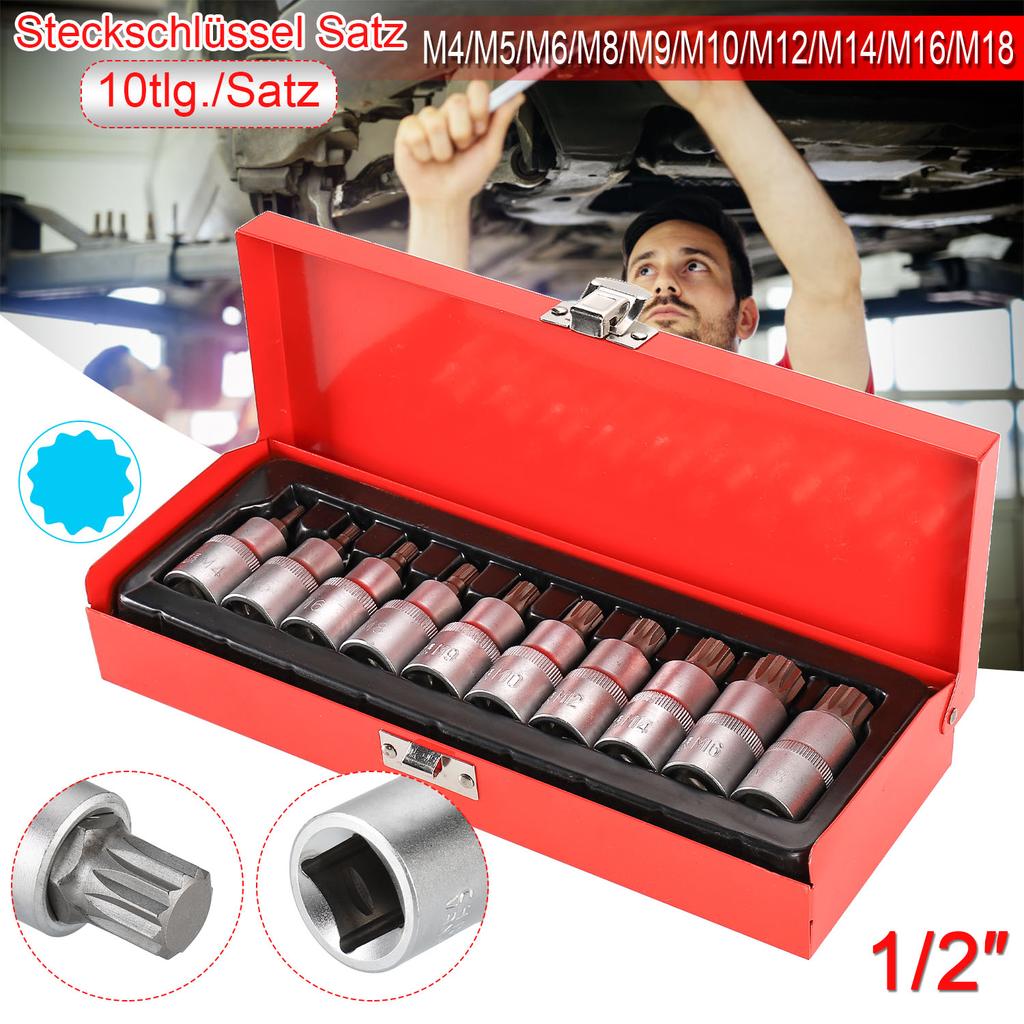 10 Piece Multitooth Sleeve Set 1/2 Drive Sockets for All Nuts and Bolts Chrome Vanadium Steel Construction Convenient Storage