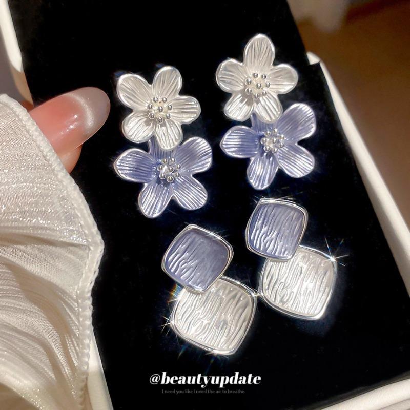 Silver needle blue oil dripping flower stud earrings elegant and cool earrings light luxury high-end earrings design sense niche women