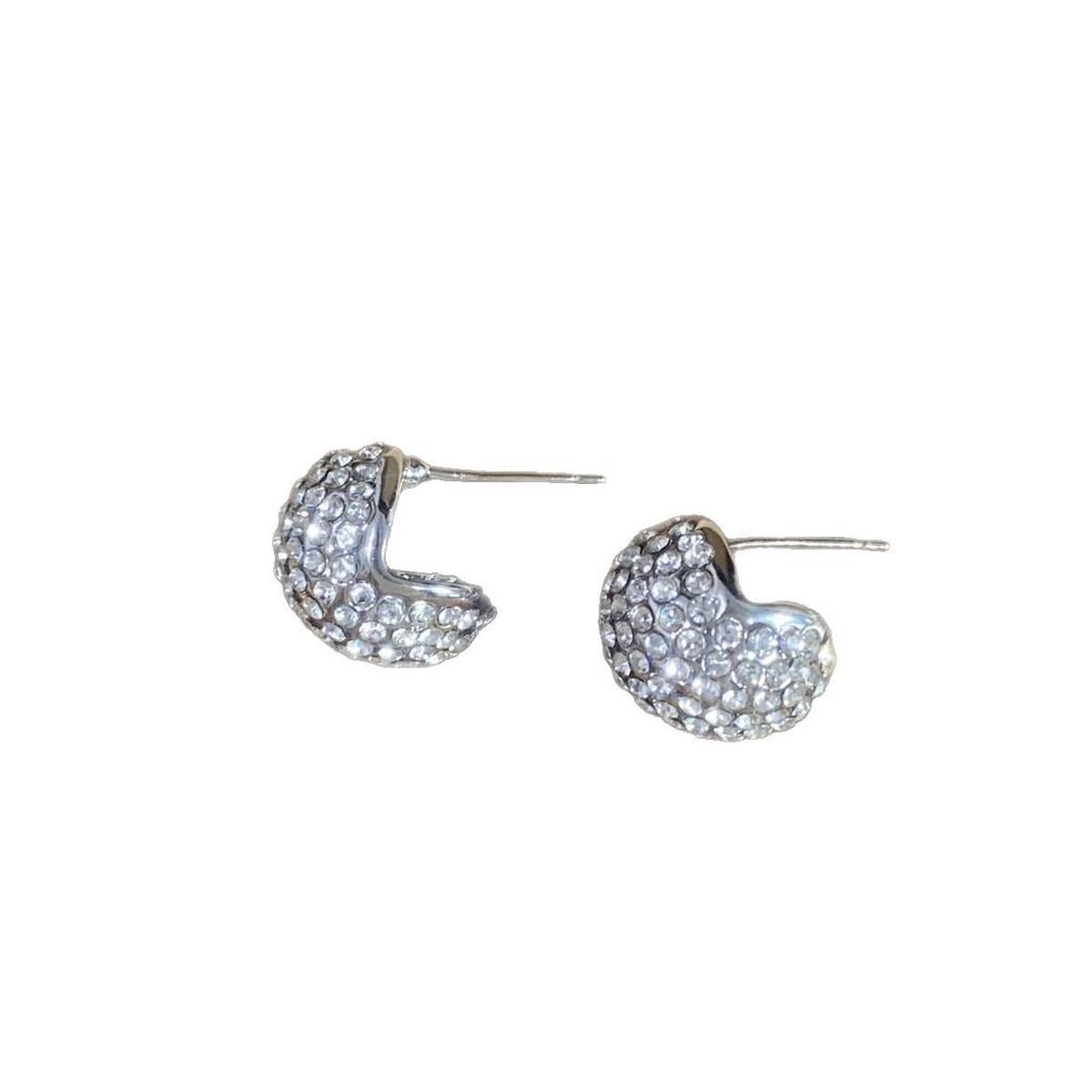 French Diamond-Studded Silver Bean Stud Earrings: Exquisite, Versatile, Cool Design