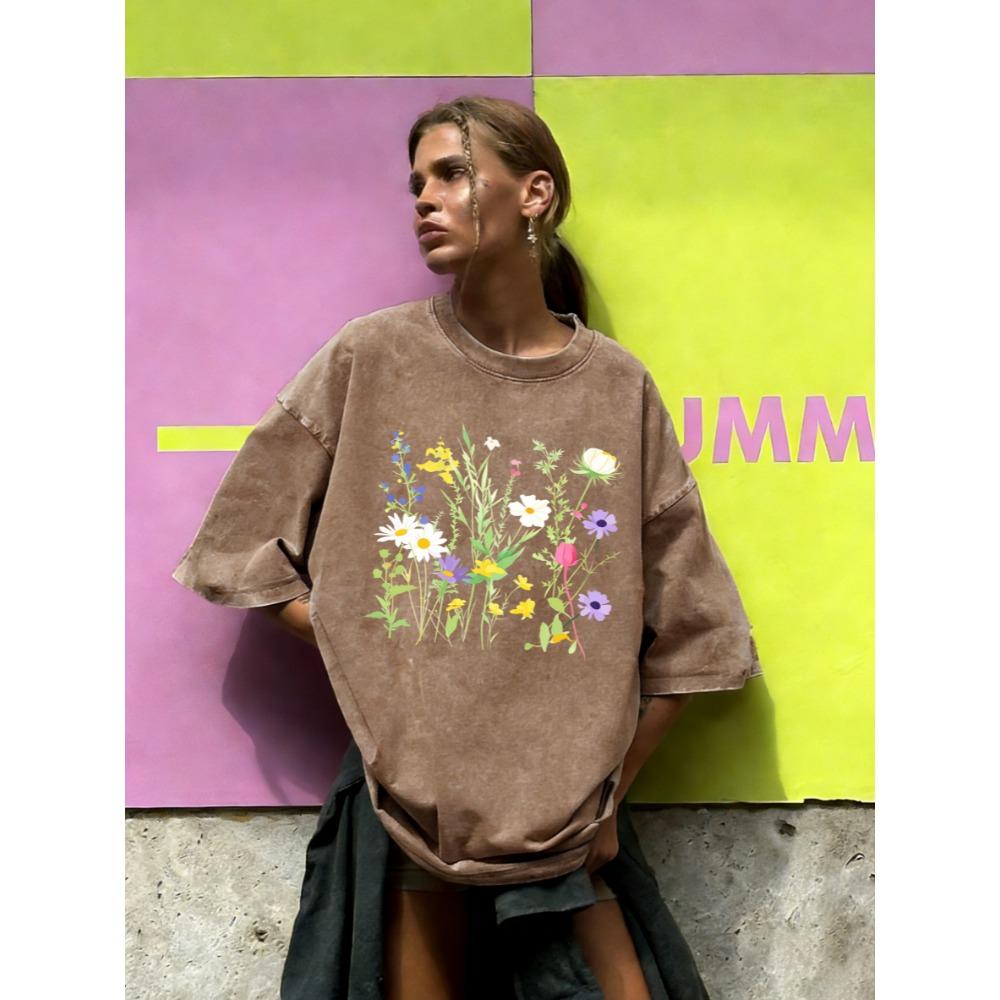 Various Flowers And Green Leaves Design Washed T-Shirt Women Cotton Vintage Short Sleeves Sportswear Summer T Shirt