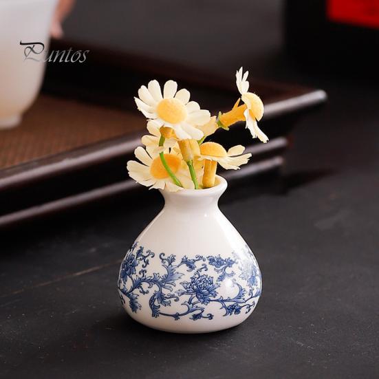 Miniature Flower Pot for Succulents Small Blue and White Porcelains Vase, Mini Chinoiserie Bud Vintage Ceramic Decorative Desktop Planter Oriental