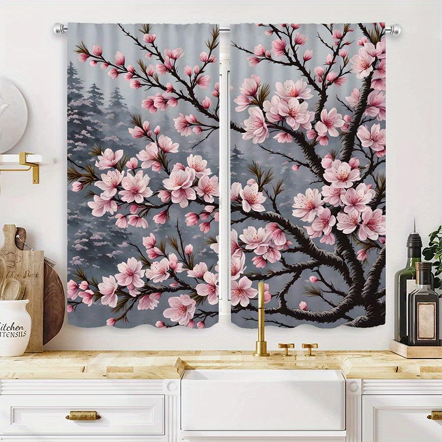 2pcs Cherry Blossom Print Curtains - Light Filtering, Rod Pocket Design, Polyester Microfiber, Floral Pattern for Living Room &