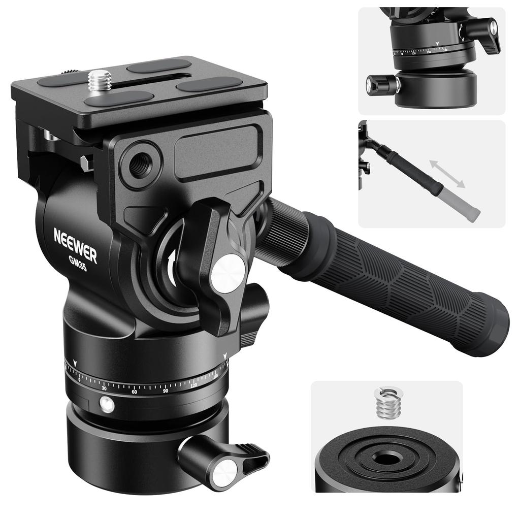 NEEWER GM35 Tripod Fluid Head with Leveling Base Compact Metal with QR Plate and Telescopic Video Fluid Tripod Video Head Mount for Camcorders and