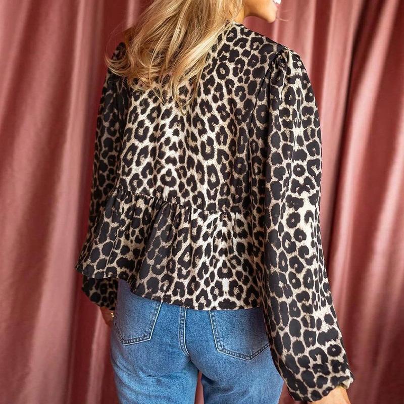 Women's Autumn New Fashion Leopard Print Long-sleeved Shirt Loose Lace-up Sexy Shirt Pullover Top