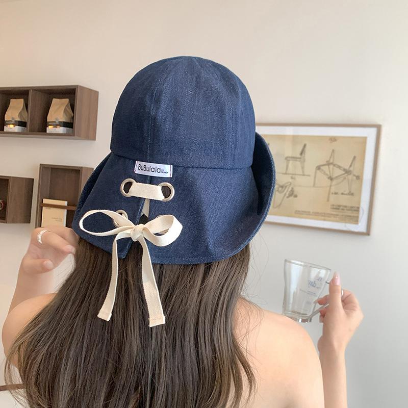 Korean Style Denim Fishing Cap Large Brim Foldable Bow Tie Hat Face Slimming Fashionable Sun Protection Retro Bucket Hat